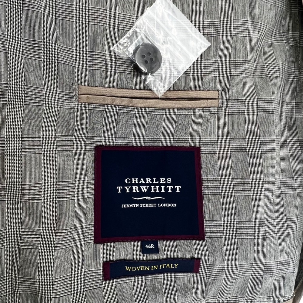 Charles‎ Tyrwhitt Mens 46R Tan Khaki Car Coat Italian Fabric Hidden Button Plaid - Picture 10 of 11